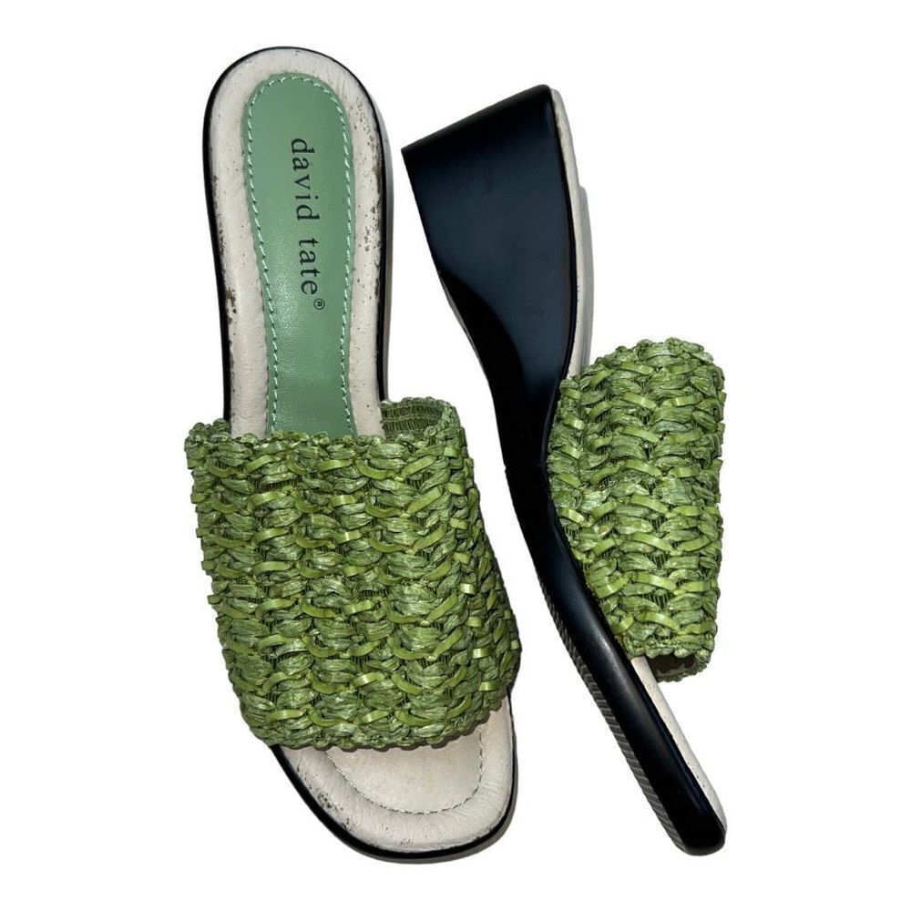 David Tate Womens Slip On Woven Strap Square Toe Wedge Heel Sandals Green Size 7
